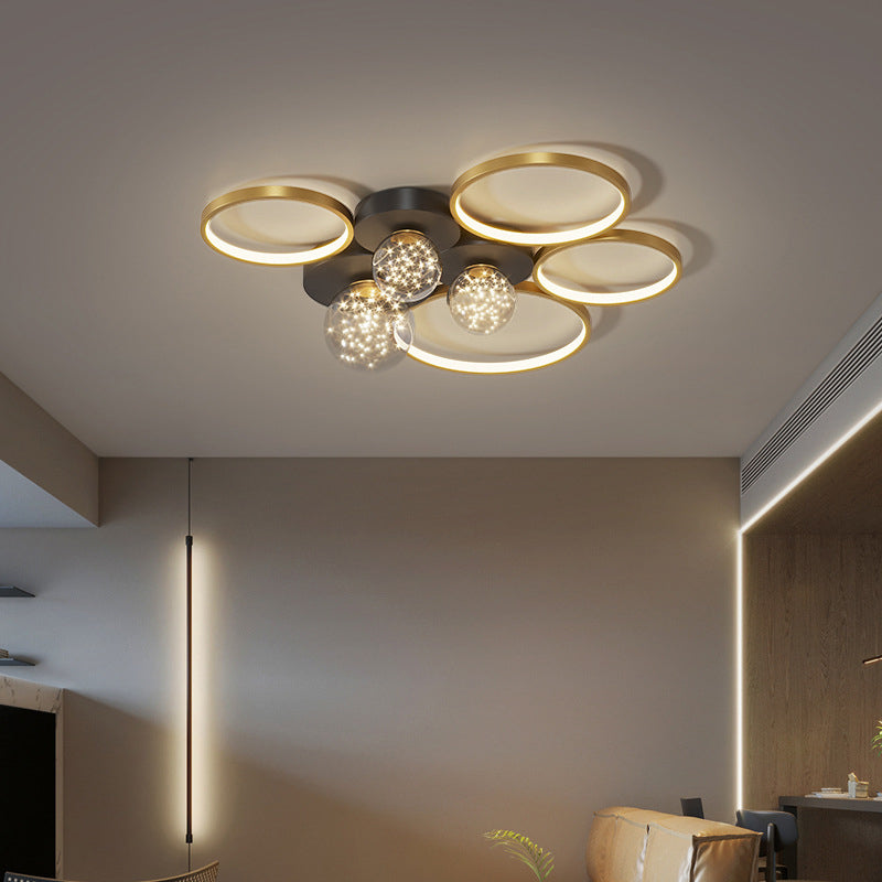 Círculos de estilo de simplicidad contemporánea Lámpara de techo LED Camas de luz LED creativa Bola de vidrio transparente Luz de montaje de montaje para sala de estar para sala de estar