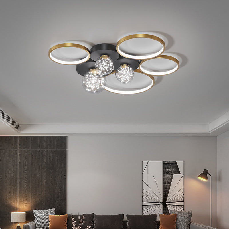 Círculos de estilo de simplicidad contemporánea Lámpara de techo LED Camas de luz LED creativa Bola de vidrio transparente Luz de montaje de montaje para sala de estar para sala de estar