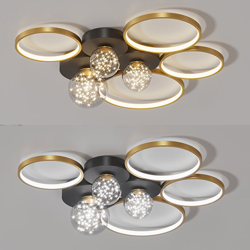 Círculos de estilo de simplicidad contemporánea Lámpara de techo LED Camas de luz LED creativa Bola de vidrio transparente Luz de montaje de montaje para sala de estar para sala de estar