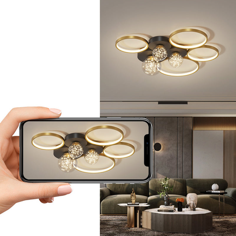 Hedendaagse eenvoudstijlcirkels LED-plafondlamp Creatieve LED Licht Strings Clear Glass Ball Flush-Mount Light voor woonkamer