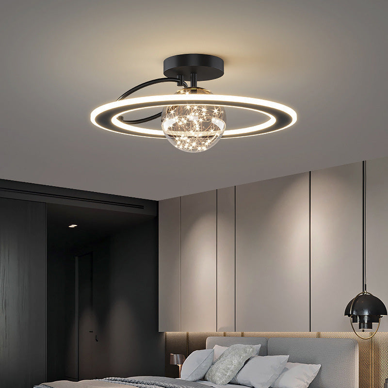 Planet Shaped Modern Style Ceiling Light 18.5" Wide LED String Light Clear Glass Ball Semi Flush-mount Lamp for Bedroom