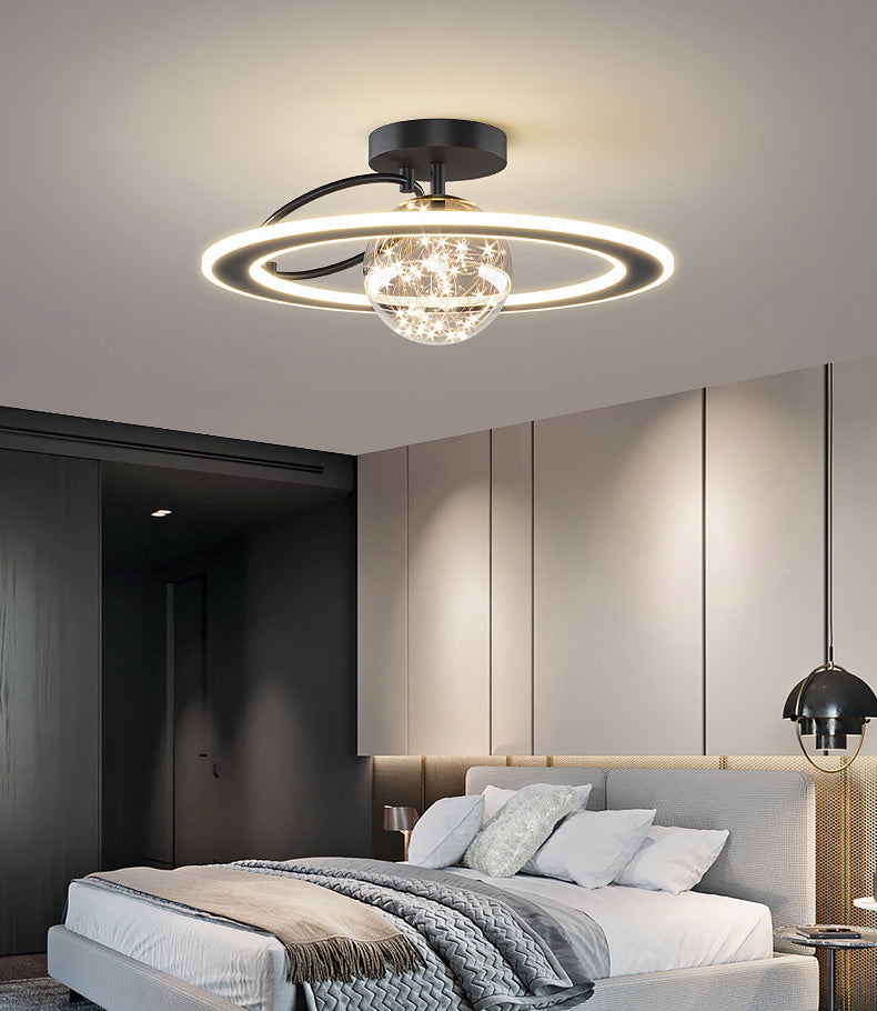 Planet Shaped Modern Style Ceiling Light 18.5" Wide LED String Light Clear Glass Ball Semi Flush-mount Lamp for Bedroom