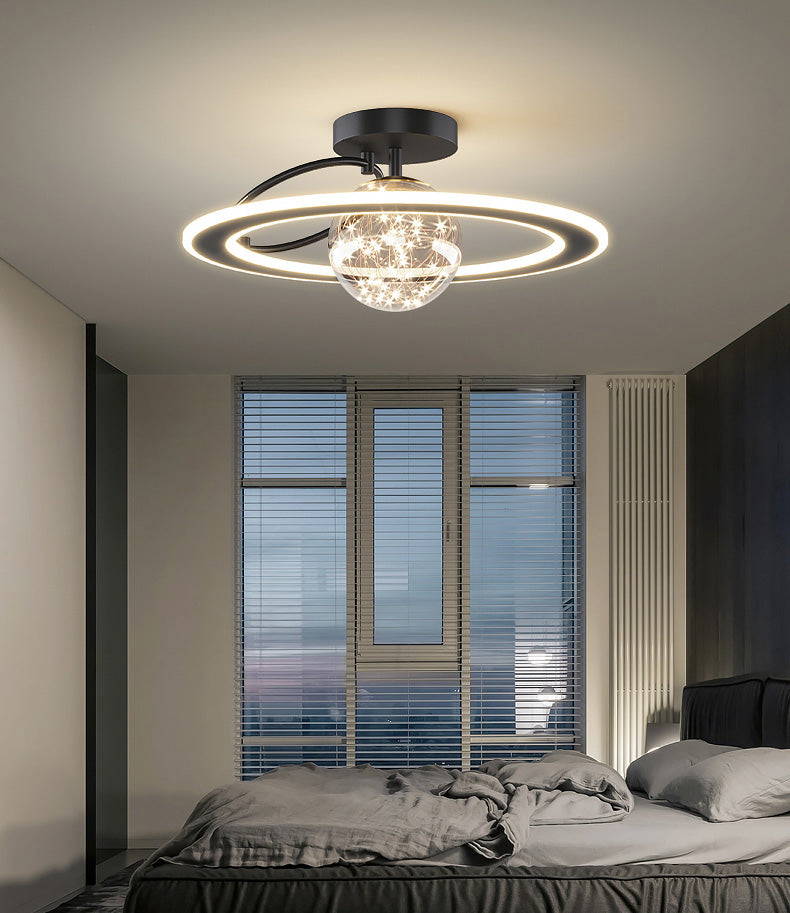 Planet Shaped Modern Style Ceiling Light 18.5" Wide LED String Light Clear Glass Ball Semi Flush-mount Lamp for Bedroom