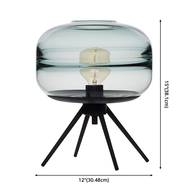 Lámpara de mesa de vidrio de tambor de estilo nórdico 11.5 "Luz de mesita de noche con base de trípode de metal negro