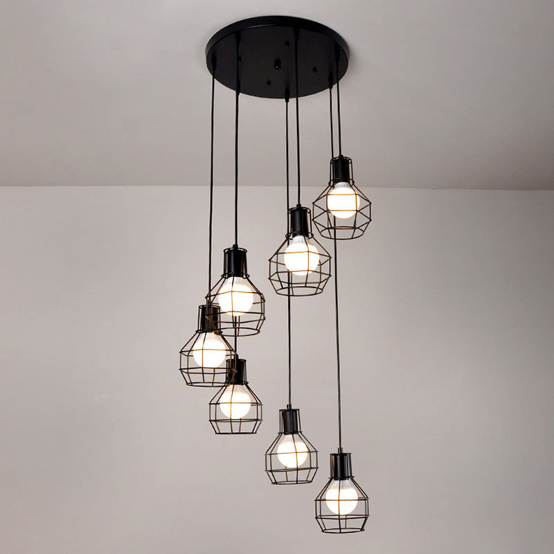 Black Staircase Hanging Light in Modern Classic Style Wrought Iron Cluster Pendant Light with Iron Frame