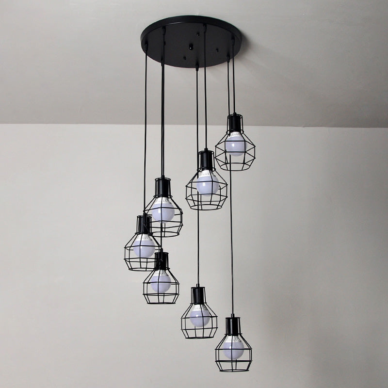 Black Staircase Hanging Light in Modern Classic Style Wrought Iron Cluster Pendant Light with Iron Frame