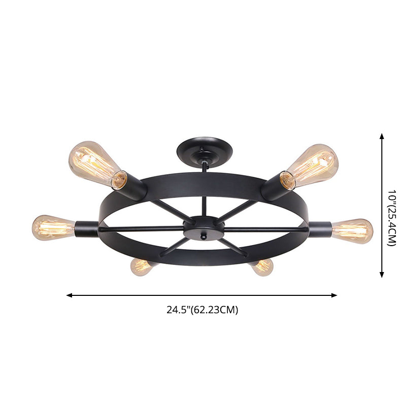 Black Wheel Shaped Ceiling Light Industrial Iron 6-Light Kitchen Semi Flush Mount Light