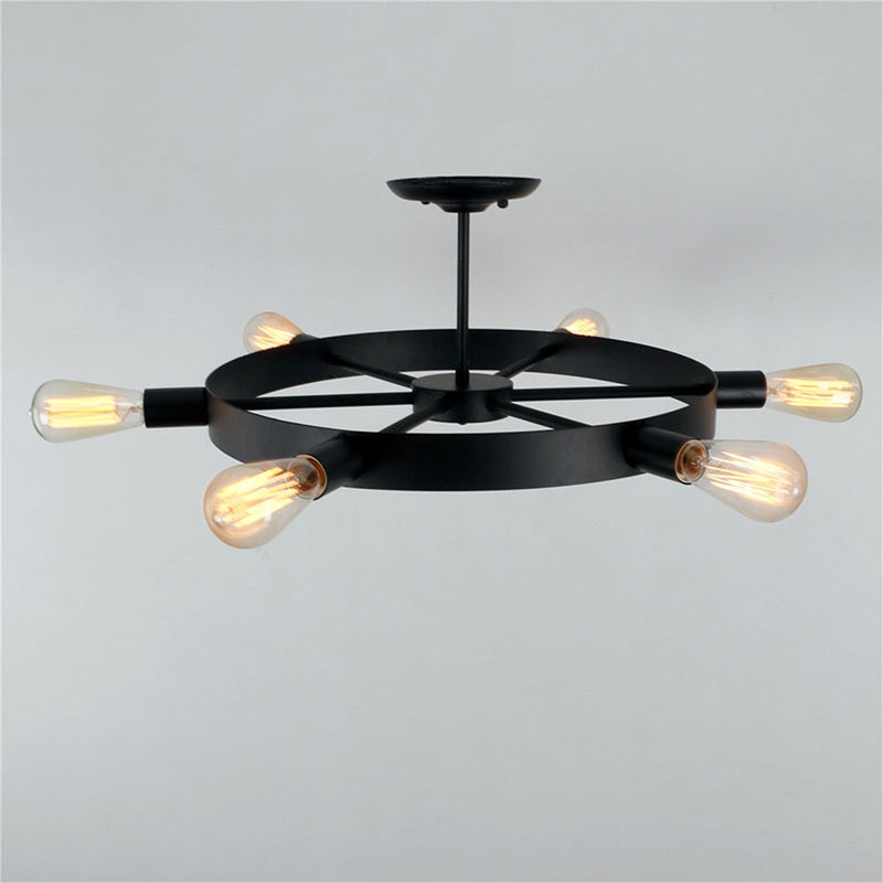 Black Wheel Shaped Ceiling Light Industrial Iron 6-Light Kitchen Semi Flush Mount Light