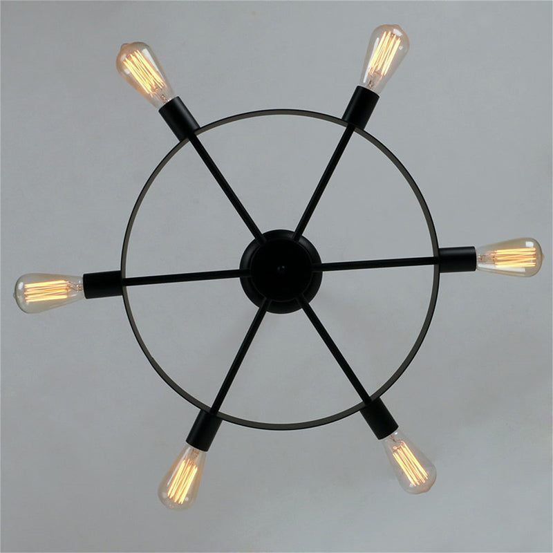 Luz de techo en forma de rueda negra hierro industrial de 6 luces Cocina semi flanphujo de montaje