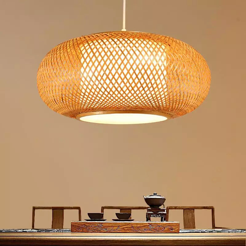 Japanese Style Bamboo Pendant Light Drum Shape Ceiling Light Fixture for Living Room