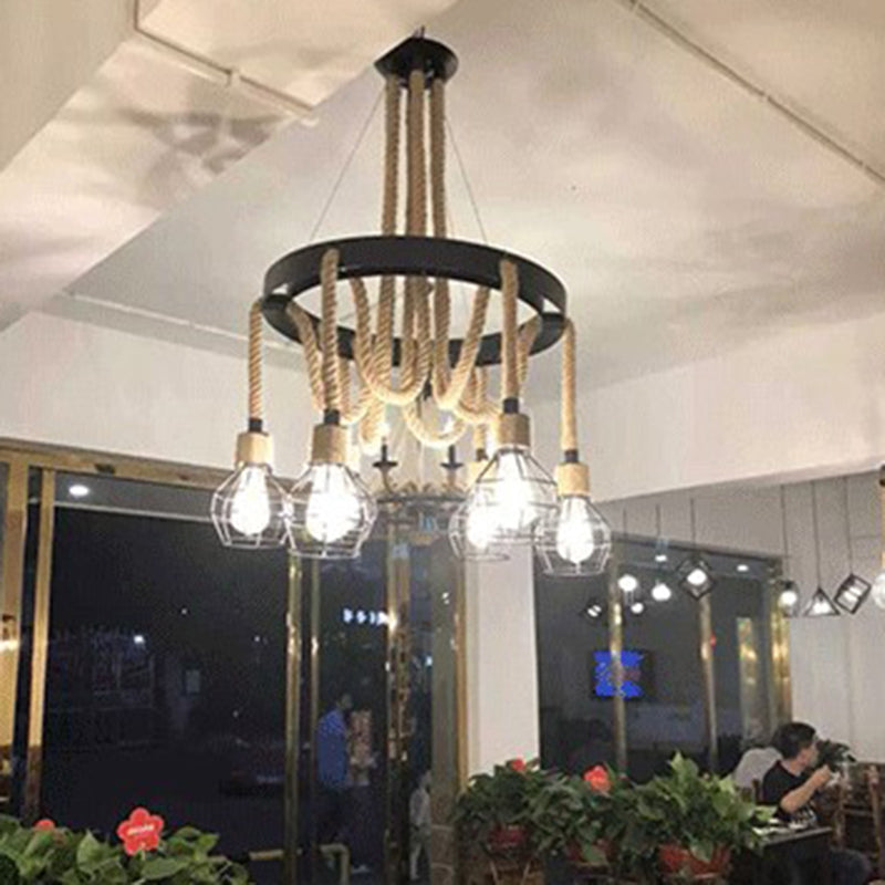 Rope Circular Pendant Light Fixtures Industrial Bar Hanging Chandelier Light