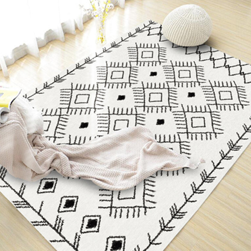 White Tone Bohemian Area Carpet Polyester Tribal Symbols Indoor Rug Easy Care Carpet for Living Room