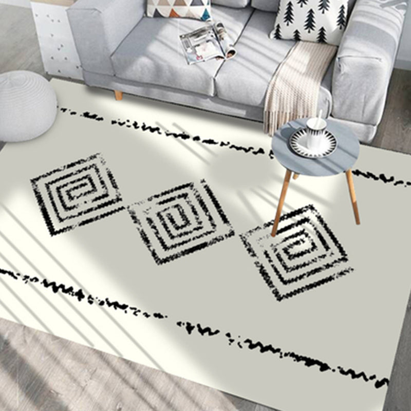 White Tone Bohemian Area Carpet Polyester Tribal Symbols Indoor Rug Easy Care Carpet for Living Room