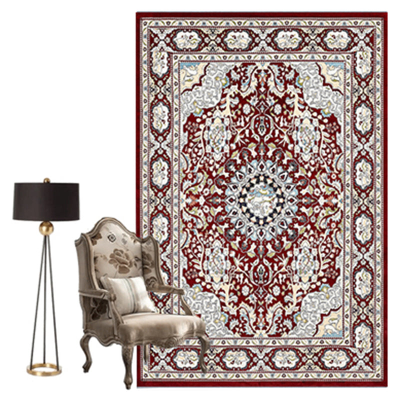 Nostalgia Ethnic Floral Print Rug Red Tone Polyester Area Carpet Stain Resistant Rug for Living Room