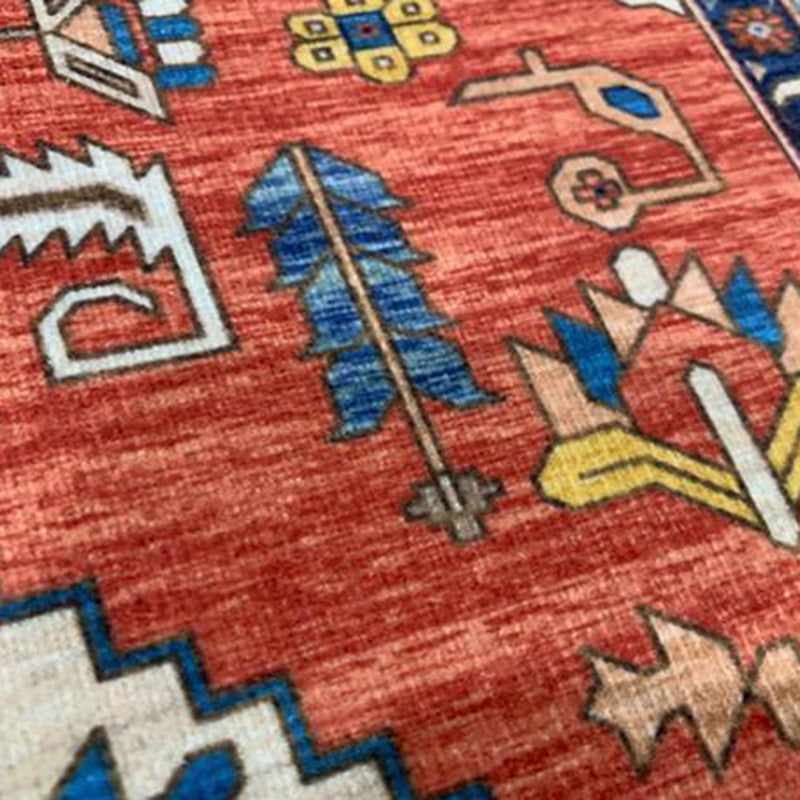 Nostalgia Ethnic Floral Print Rug Red Tone Polyester Area Carpet Stain Resistant Rug for Living Room