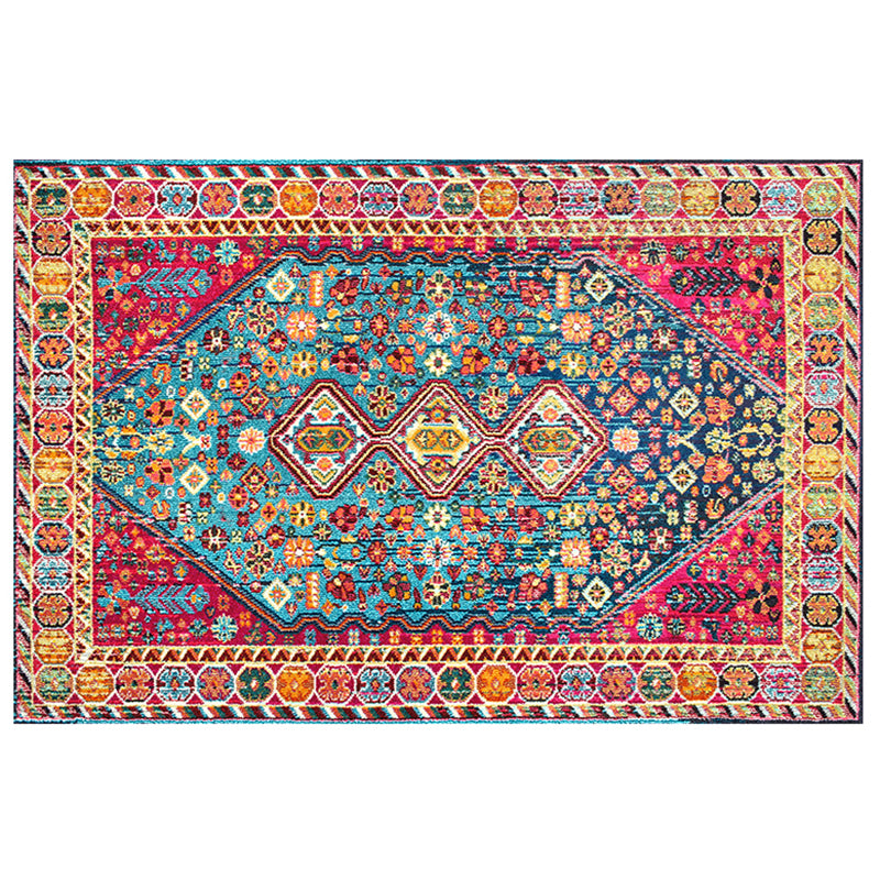 Red Tone Ethnic Floral Print Rug Polyester Retro Carpet Anti-Slip Backing Indoor Rug for Home Decor