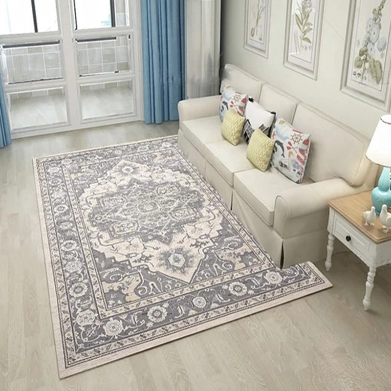 Red Tone Ethnic Floral Print Rug Polyester Retro Carpet Anti-Slip Backing Indoor Rug for Home Decor