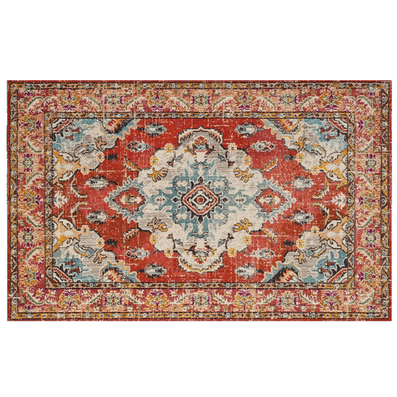 Red Tone Luxury Rug Polyester Ethnic Print Area Rug Anti-Slip Backing Carpet for Home Decoration