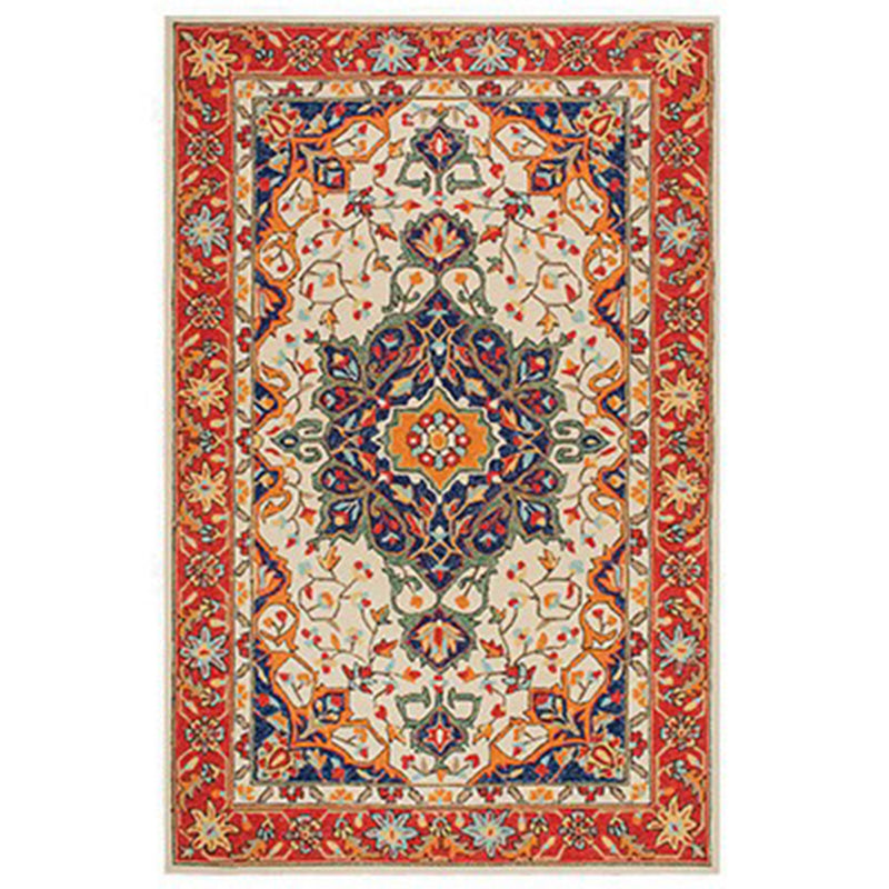 Red Tone Ethnic Print Rug Polyester Shabby Chic Carpet Non-Slip Backing Indoor Rug for Home Decor