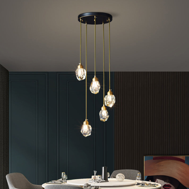 Lampe suspendue à suspension minimaliste Black-Gold en forme de gemme avec une nuance de cristal pour le restaurant