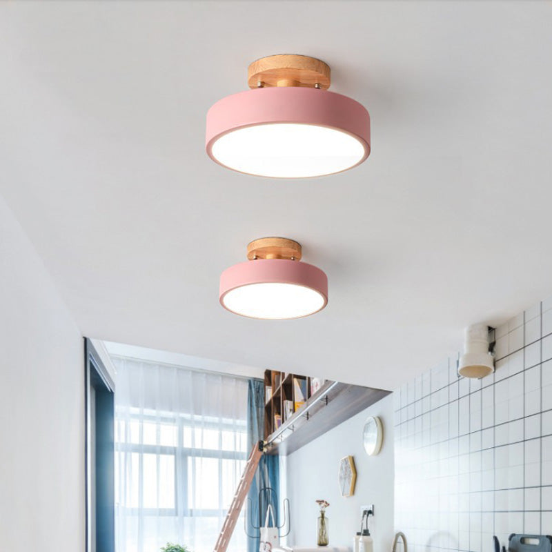 Wooden Macaron LED Ceiling Light in Modern Concise Style Wrought Iron Circular Semi Flush Mount with Acrylic Shade