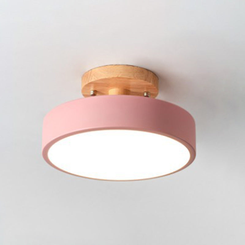 Houten macaron led plafondlicht in moderne beknopte stijl smeedijzeren cirkelvormige semi -spoelbevestiging met acryl schaduw