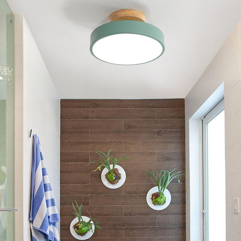 Luz de techo LED de macarrón de madera en el estilo moderno conciso de hierro forjado Circular Semi Flush Monte con sombra acrílica