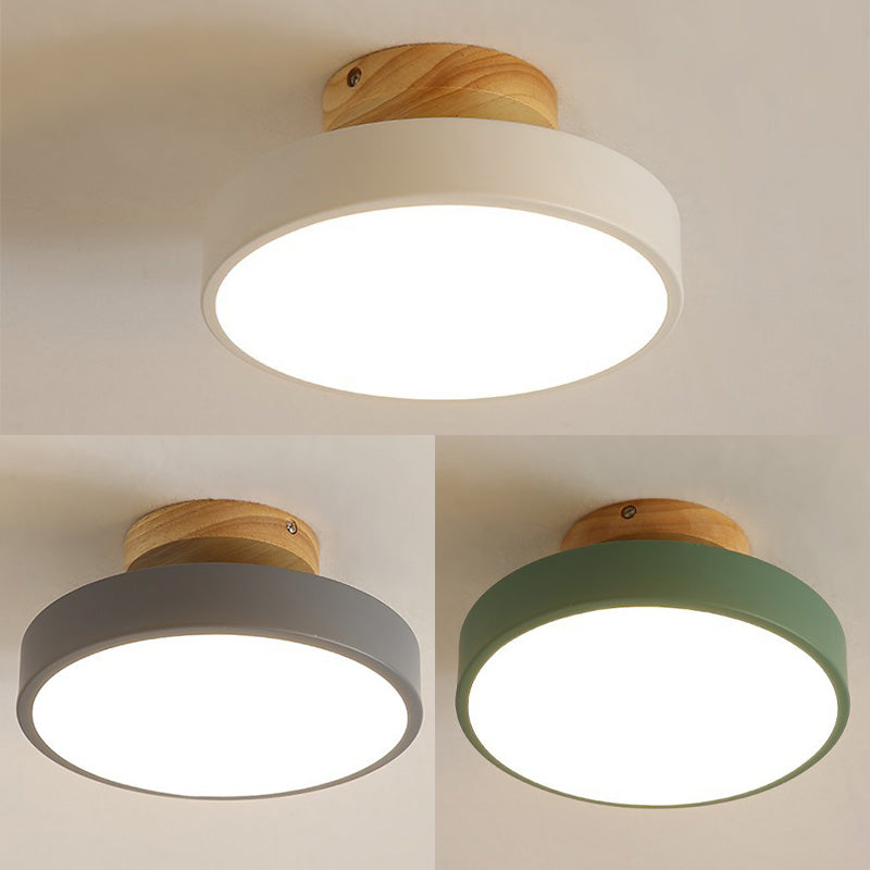 Houten macaron led plafondlicht in moderne beknopte stijl smeedijzeren cirkelvormige semi -spoelbevestiging met acryl schaduw