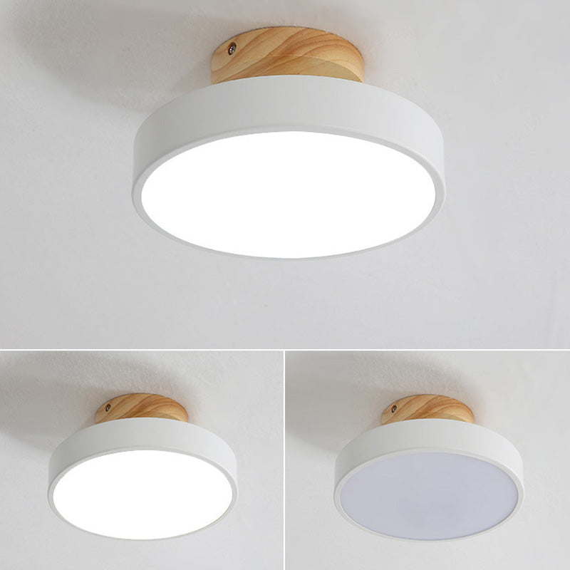 Houten macaron led plafondlicht in moderne beknopte stijl smeedijzeren cirkelvormige semi -spoelbevestiging met acryl schaduw