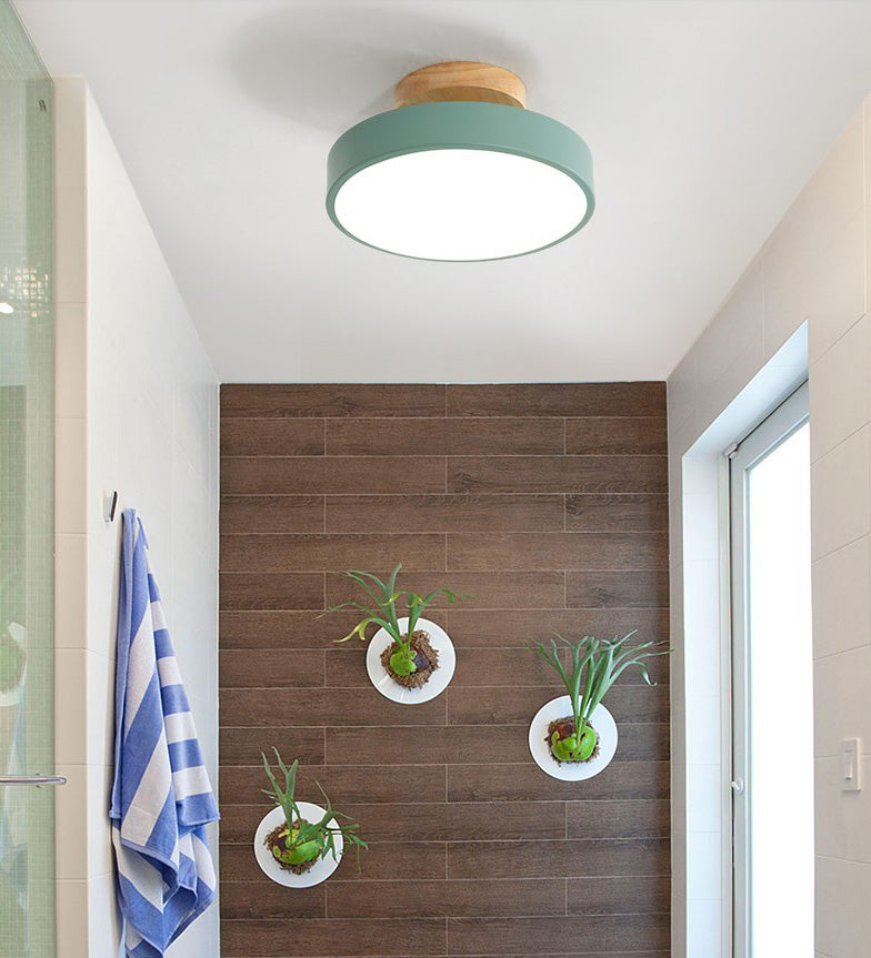 Luz de techo LED de macarrón de madera en el estilo moderno conciso de hierro forjado Circular Semi Flush Monte con sombra acrílica