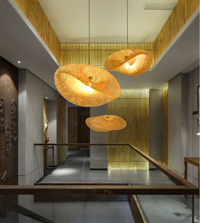 Bamboo Hat-Shaped Pendant Lighting Fixture Asia Style Ceiling Pendant Light in Beige