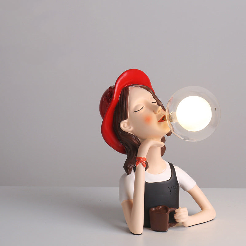 Resin Girl Statue Table Lamp Creative Modern 1-Light Night Light with Ball Glass Shade