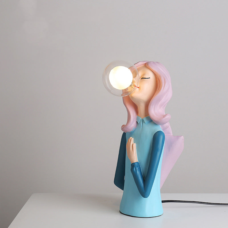 Resin Girl Statue Table Lamp Creative Modern 1-Light Night Light with Ball Glass Shade