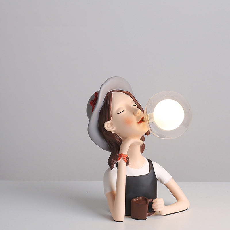 Resin Girl Statue Table Lamp Creative Modern 1-Light Night Light with Ball Glass Shade