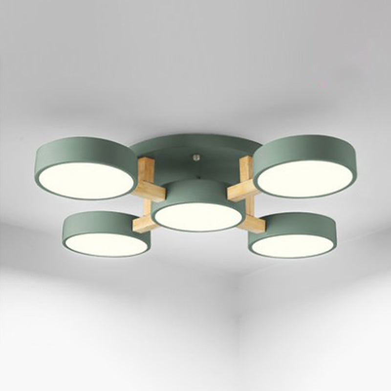 Hölzerne Sputnik -LED -Deckenlicht in moderner Singularität Schmiedeeisen -Makkaronen Flush Mount mit Acrylschatten