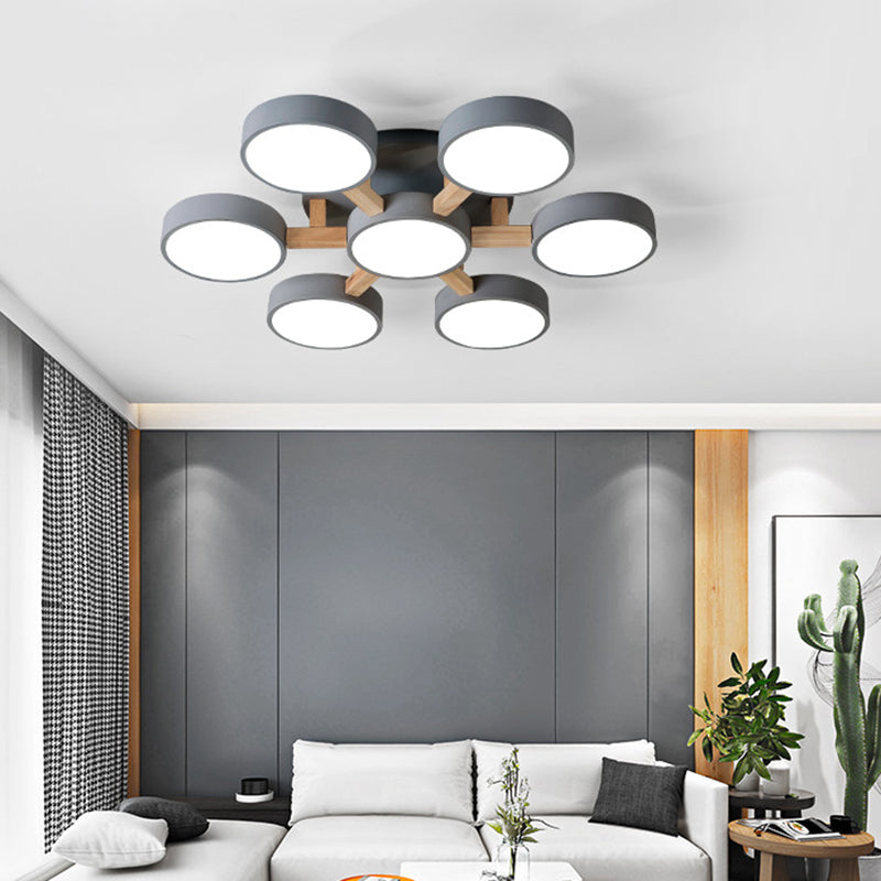 Wooden Sputnik LED Ceiling Light in Modern Singularity Wrought Iron Macaron Flush Mount with Acrylic Shade