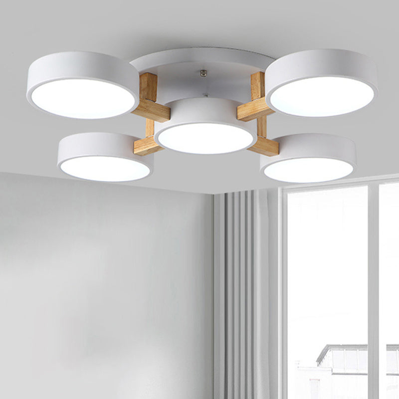 Hölzerne Sputnik -LED -Deckenlicht in moderner Singularität Schmiedeeisen -Makkaronen Flush Mount mit Acrylschatten