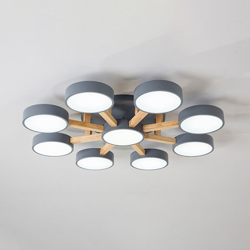 Wooden Sputnik LED Ceiling Light in Modern Singularity Wrought Iron Macaron Flush Mount with Acrylic Shade