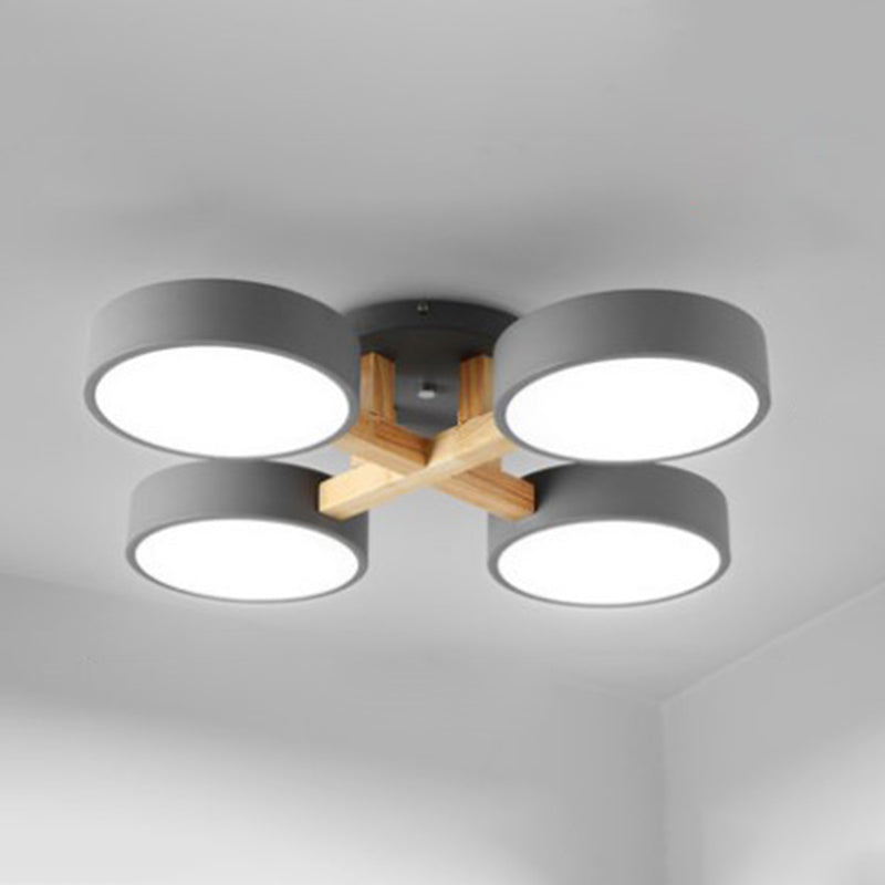 Hölzerne Sputnik -LED -Deckenlicht in moderner Singularität Schmiedeeisen -Makkaronen Flush Mount mit Acrylschatten