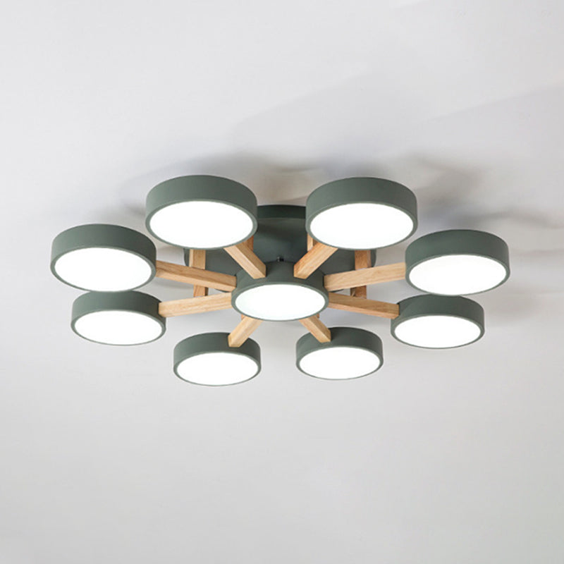 Wooden Sputnik LED Ceiling Light in Modern Singularity Wrought Iron Macaron Flush Mount with Acrylic Shade