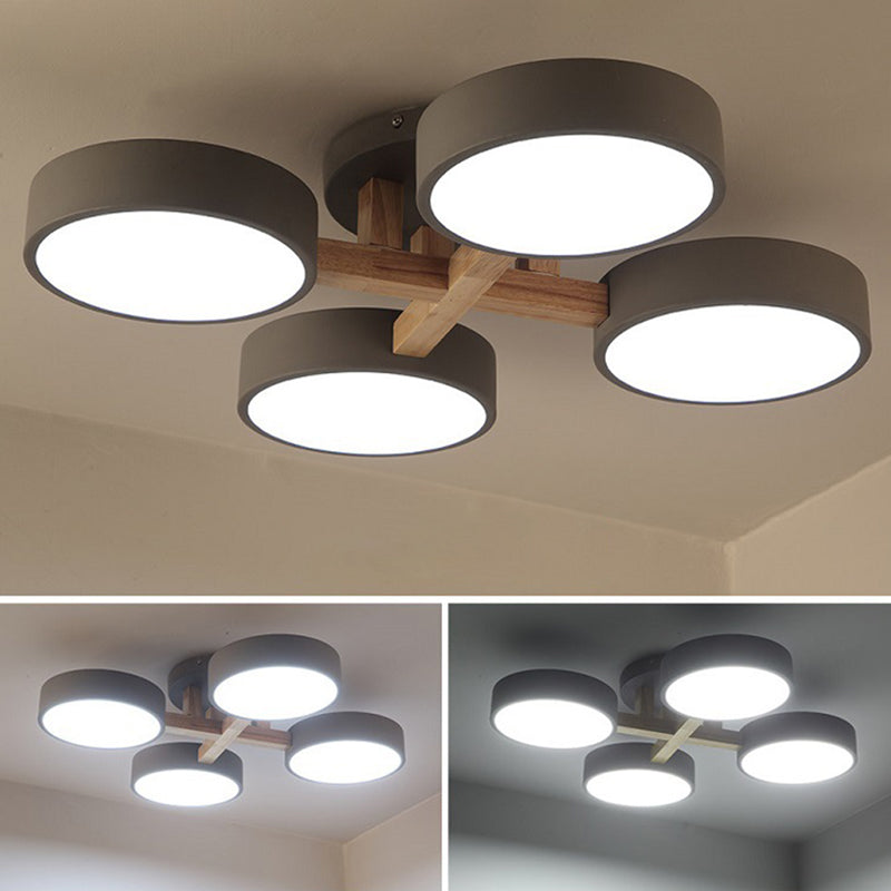 Hölzerne Sputnik -LED -Deckenlicht in moderner Singularität Schmiedeeisen -Makkaronen Flush Mount mit Acrylschatten