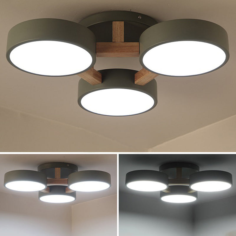 Hölzerne Sputnik -LED -Deckenlicht in moderner Singularität Schmiedeeisen -Makkaronen Flush Mount mit Acrylschatten