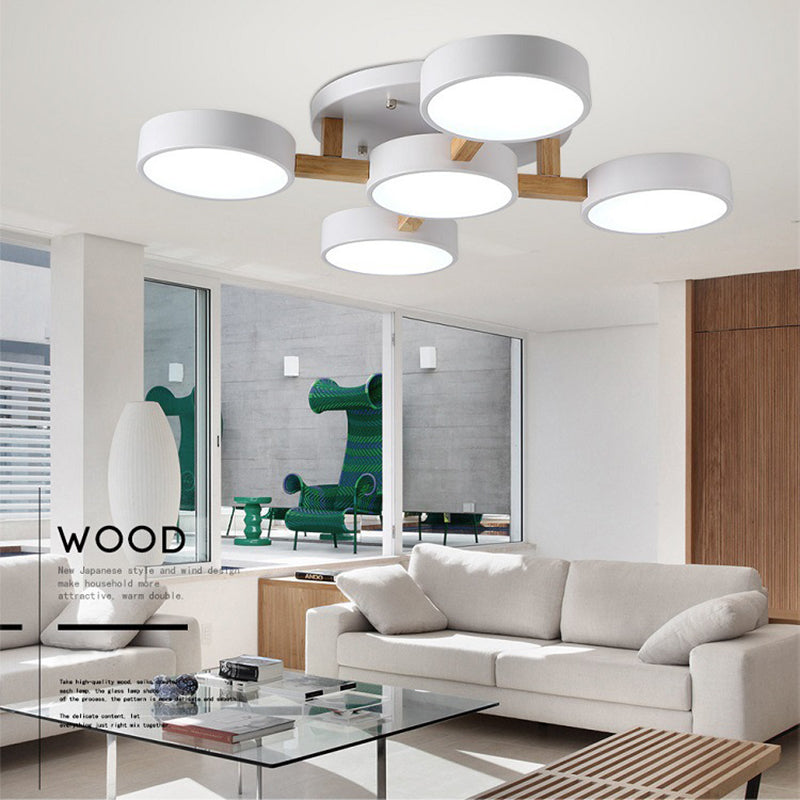 Wooden Sputnik LED Ceiling Light in Modern Singularity Wrought Iron Macaron Flush Mount with Acrylic Shade