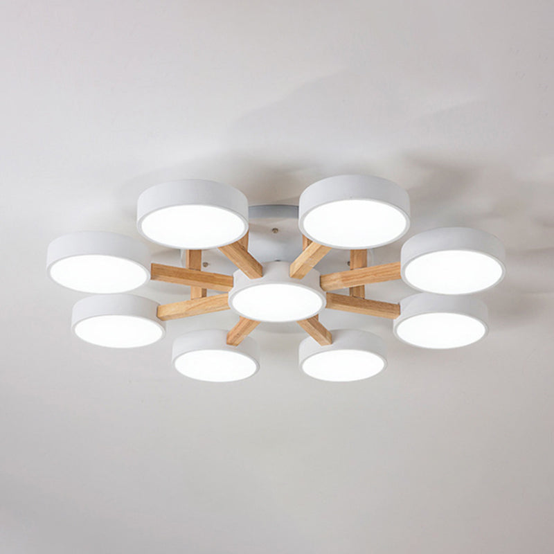 Wooden Sputnik LED Ceiling Light in Modern Singularity Wrought Iron Macaron Flush Mount with Acrylic Shade