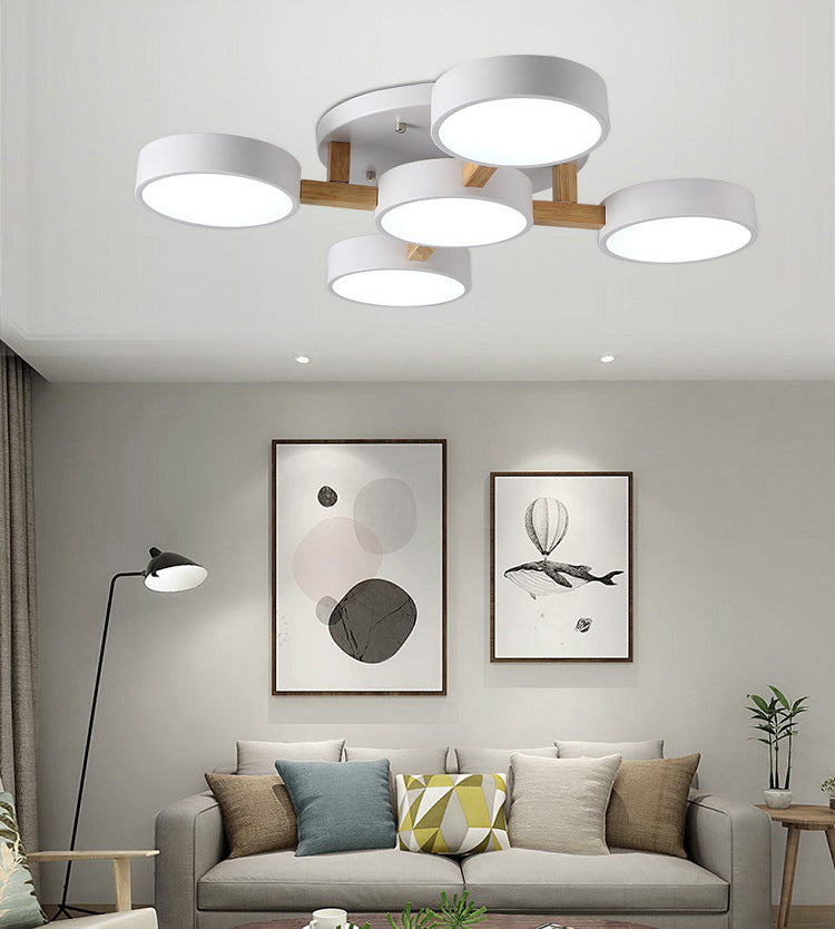 Hölzerne Sputnik -LED -Deckenlicht in moderner Singularität Schmiedeeisen -Makkaronen Flush Mount mit Acrylschatten