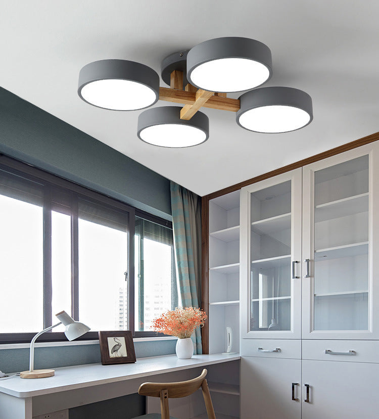 Wooden Sputnik LED Ceiling Light in Modern Singularity Wrought Iron Macaron Flush Mount with Acrylic Shade