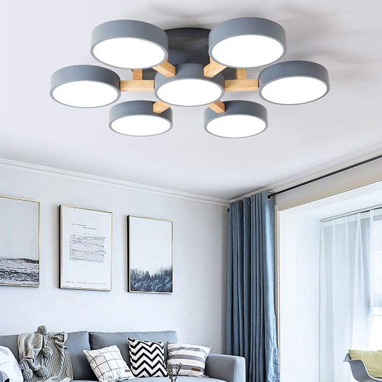 Wooden Sputnik LED Ceiling Light in Modern Singularity Wrought Iron Macaron Flush Mount with Acrylic Shade