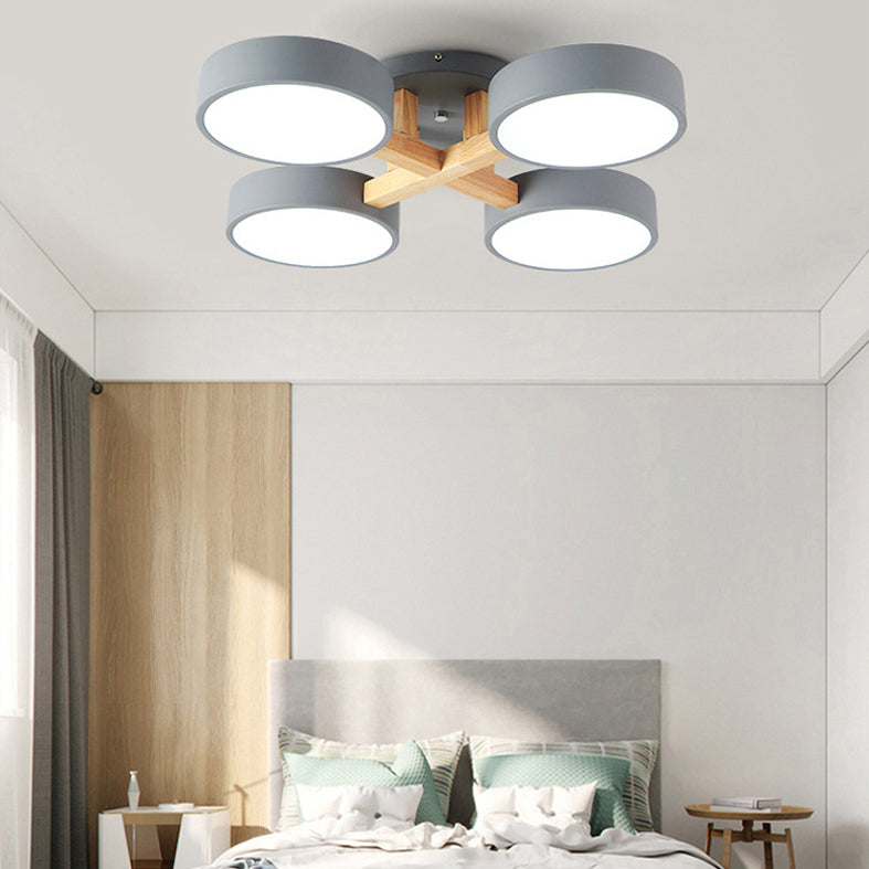 Wooden Sputnik LED Ceiling Light in Modern Singularity Wrought Iron Macaron Flush Mount with Acrylic Shade