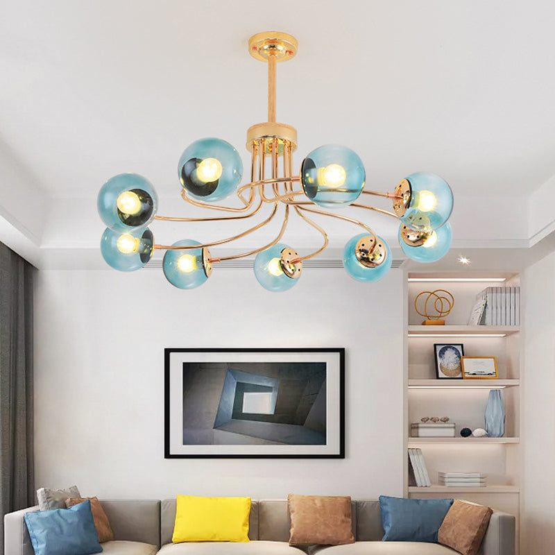 Round Ceiling Chandelier Modern Style Blue/Amber Glass 9 Lights in Gold/Black Hanging Lamp Kit