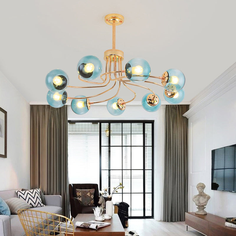 Round Ceiling Chandelier Modern Style Blue/Amber Glass 9 Lights in Gold/Black Hanging Lamp Kit